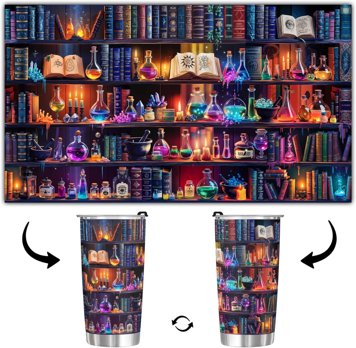 Book Lovers 20oz Stainless Steel Tumbler – Colorful Bookshelf Design Cup – Insulated Travel Mug with Lid – Gift for Readers, Fantasy Lovers, Halloween, Christmas
