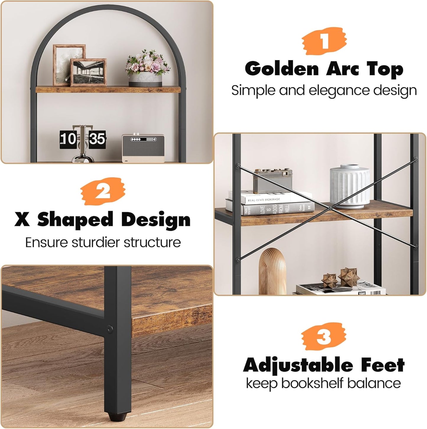 CABIHOME Bookshelf Tall Bookcase Arched Standing Bookshelves Modern Display Racks 5 Tier Storage Rack Shelf Large Wood Book Shelf for Bedroom, Living Room, Home Office