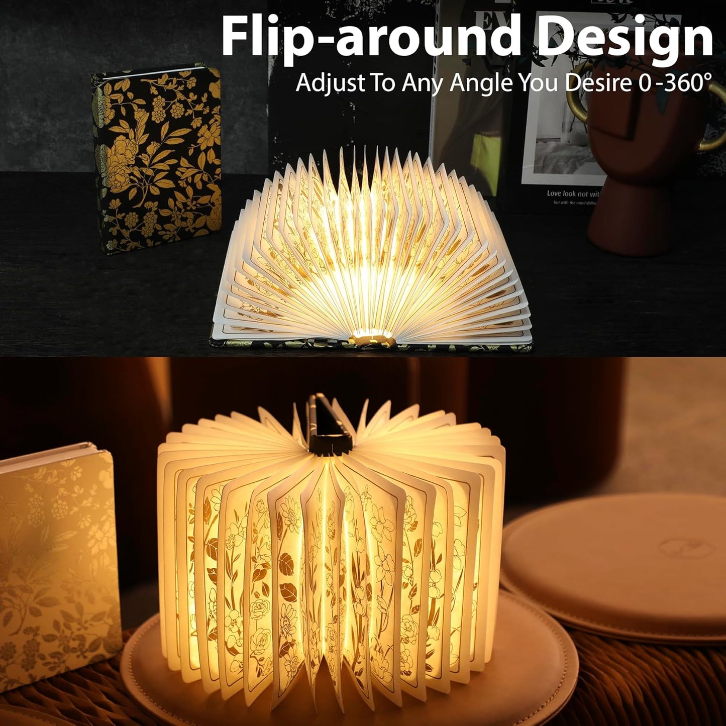Floral Print Book Light,3-Color Book Lamp Book Lovers Gifts | 1200mAh Portable Foldable Paper Desk Lamp | Night Reading Bookshelf Lamp,Valentine Ambient Lighting Decorations Gifts(Black Gold)