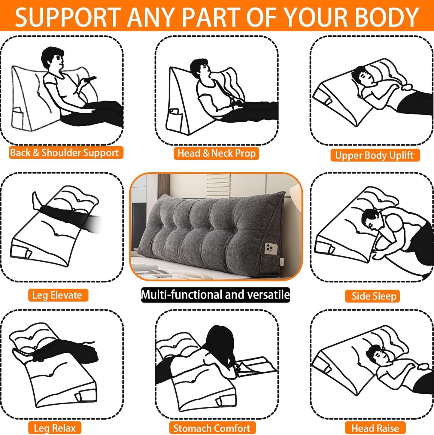 Queen Wedge Headboard Pillow Wedge Pillow Headboard Queen Wedge Pillow,with Removable Cover And Two Large Side Pockets,for Beds, Sofas, Floors.Especially for sitting or Reading In Bed(Carbon Black )