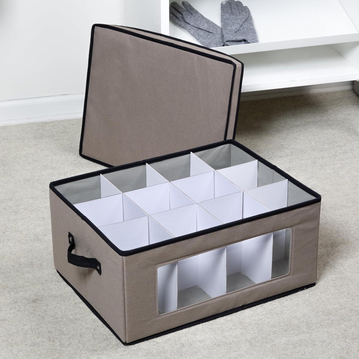 Honey-Can-Do Closet Fabric Storage Box with Lid, Clear-View Window and Removable Dividers, Grey SFT-09987 Grey