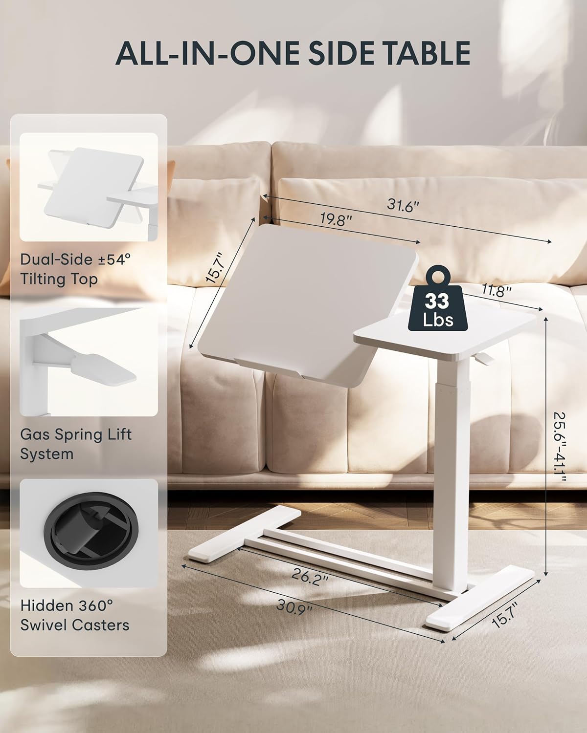 FLEXISPOT Adjustable Height C-Shaped End Table with Split Tilting Top – Mobile Side Table for Sofa & Bedside, Slides Under Furniture, Hidden Wheels for Small Spaces(31.6" W x 15.7" D,White)