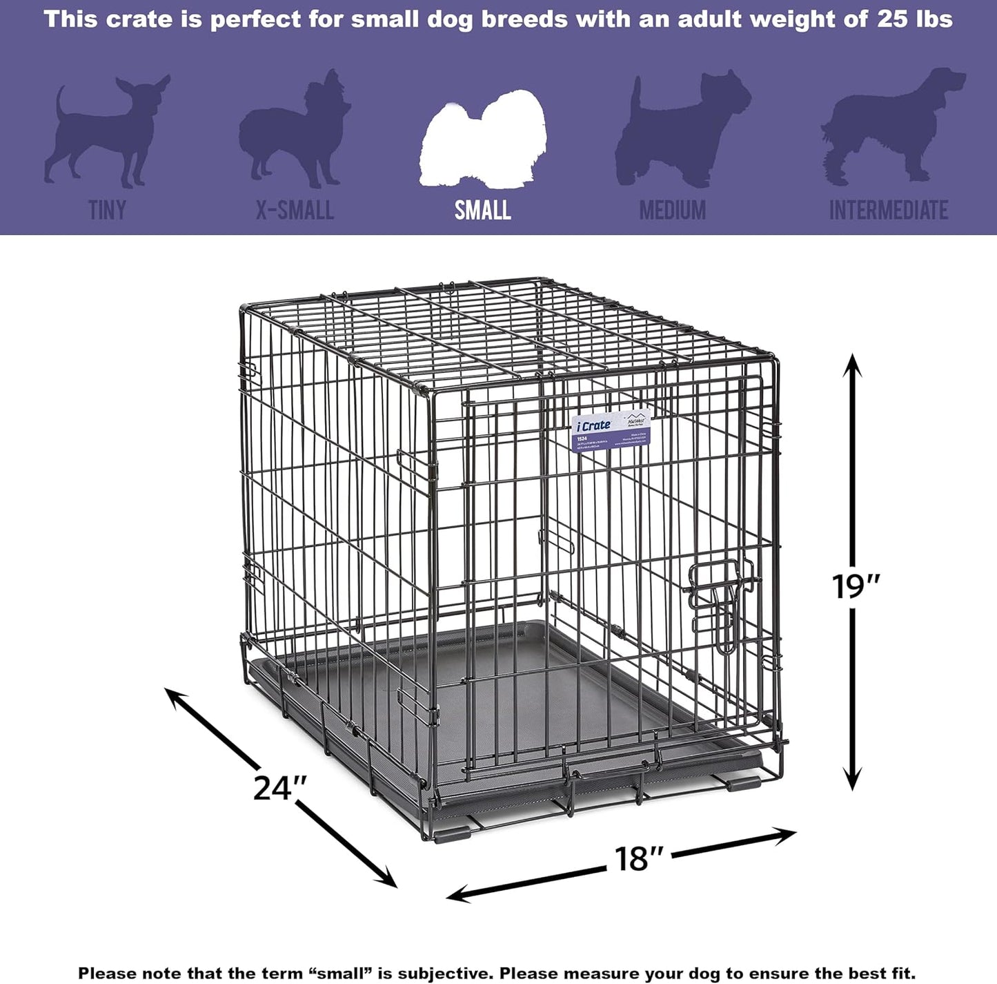 MidWest Homes for Pets 24-Inch iCrate for Small Breeds, 12-20 lbs, Single Door Folding Dog Crate with Divider Panel, Leak-Proof Tray & Secure Latch, Portable, Durable & Easy to Assemble