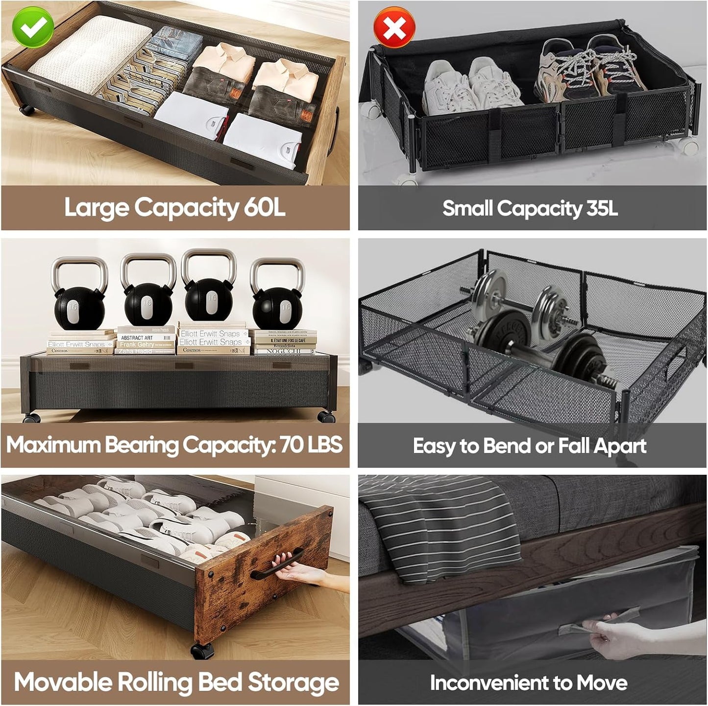KITHELP Under Bed Storage with Wheels, Wooden Under Bed Drawers 2 Packs, Rolling Underbed Storage Containers Organizer with Handle Removable Lid, Heavy Duty Metal Frame for Clothes Shoe Books(Black)