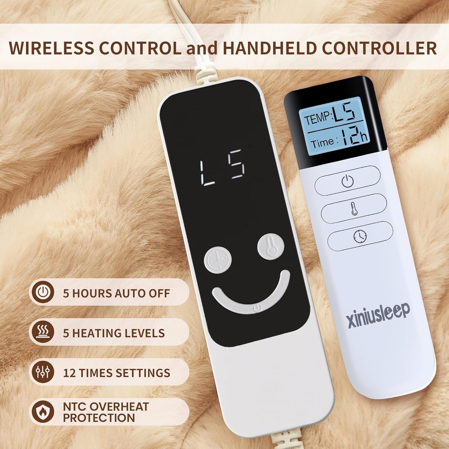 Thick Bubble Faux Fur Heated Blanket Electric Blanket 50"x60", Soft Faux Rabbit Fur with Remote Controller, Overheat Protection, 12 Time Settings, 5 Heating Level, Machine Washable (Beige)