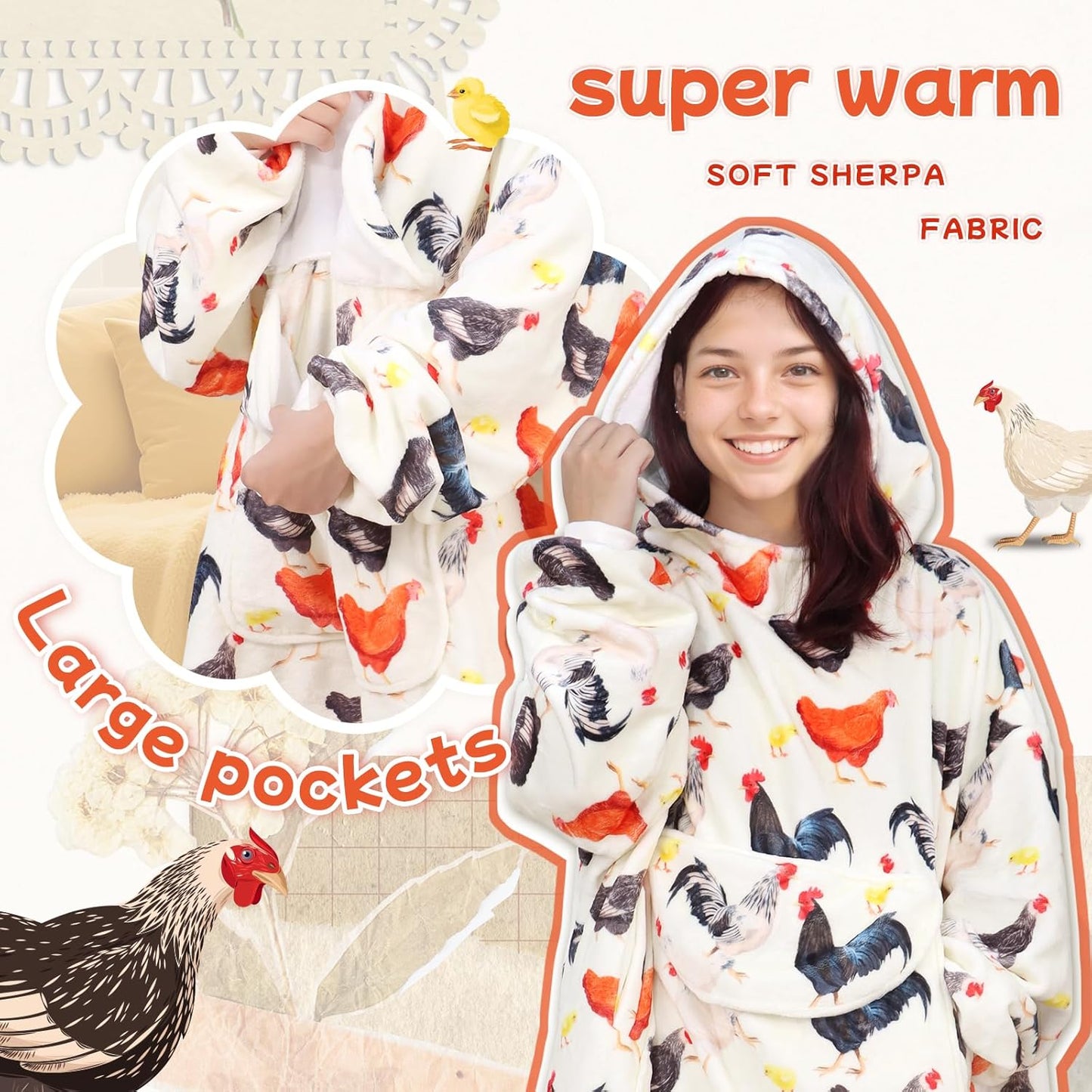 Chicken Wearable Blanket Hoodie for Women - Funny Hooded Blanket with Oversized Pocket - Chicken Decor Gifts for Women Cozy Cute Sweatshirt Blanket with Sleeves Rooster Birthday Gifts for Mom