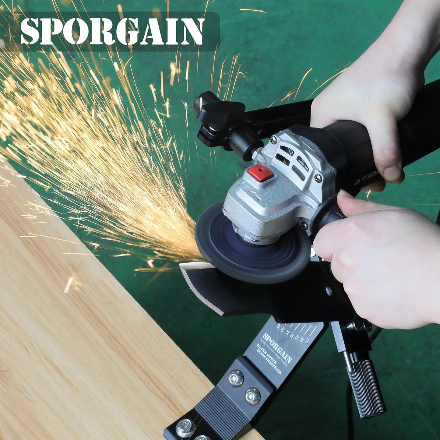 SporGain [Updated] Lawn Mower Blade Sharpener 15°-45° Adjustable Frame with Ball Bearing Manufacture Handle for Right & Left Hand Blades, Use with Angle Grinder, Black