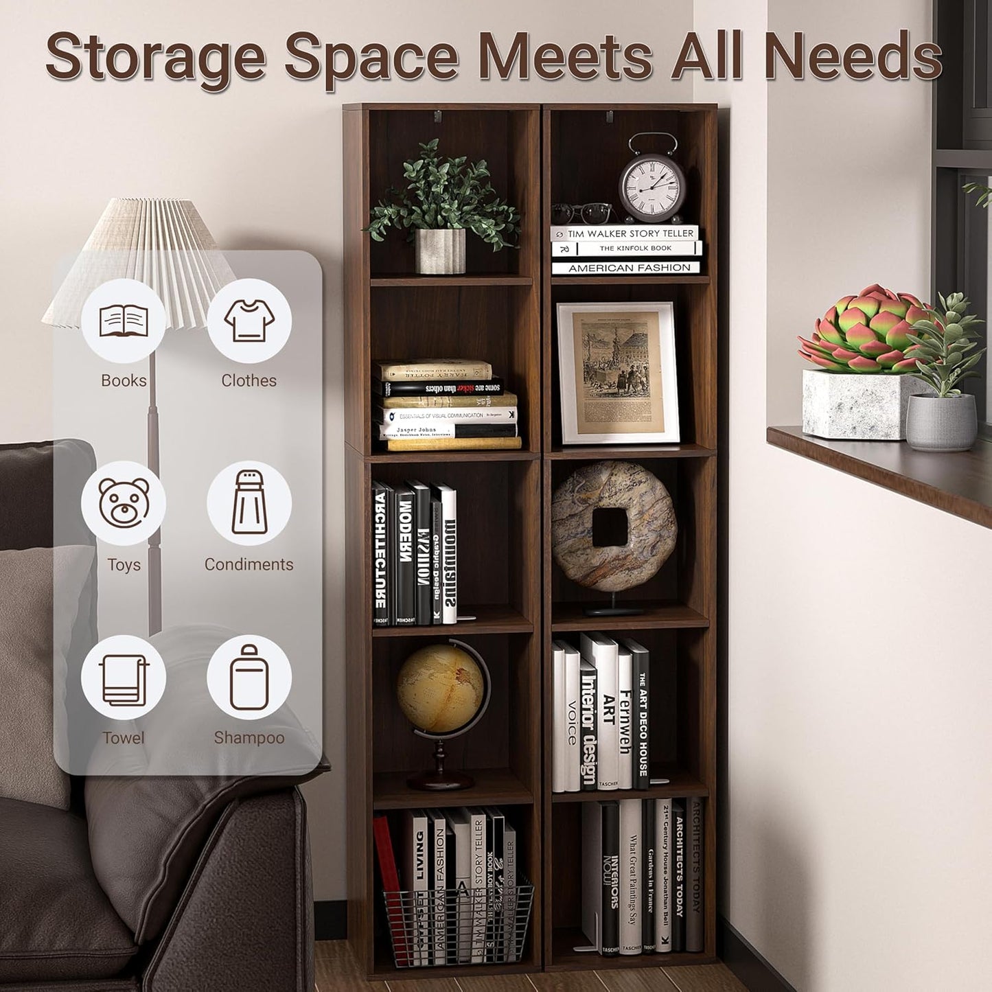 5 Cube Storage Organizer, 5 Tier Cube Low Bookcase Freestanding Storage Display Organizer, Three-Cubes Open Shelf Bookshelf for Home Office (Dark Brown,Black Walnut, 5-Cube)