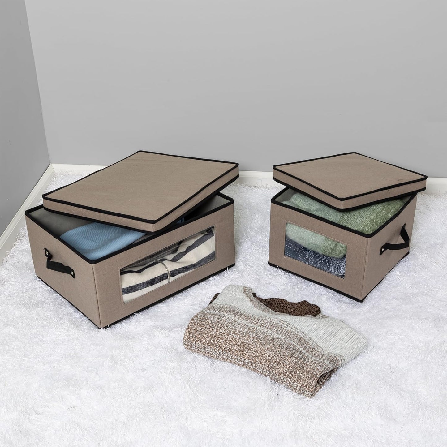 Honey-Can-Do 2-Pack Closet Fabric Storage Box with Lid, Clear-View Window and Removable Dividers, Grey SFT-09985 Grey