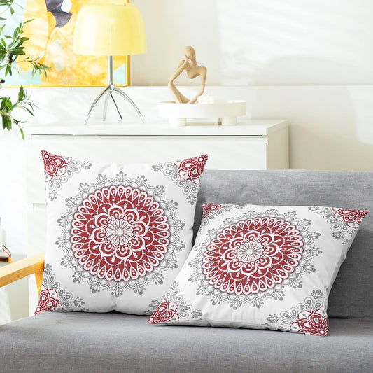 CaliTime Throw Pillow Covers Pack of 2 Cozy Fleece Mandala Dahlia Floral Medallion Compass Style Cushion Cases for Couch Bed Sofa Farmhouse Decoration 16 X 16 Inches Red Grey