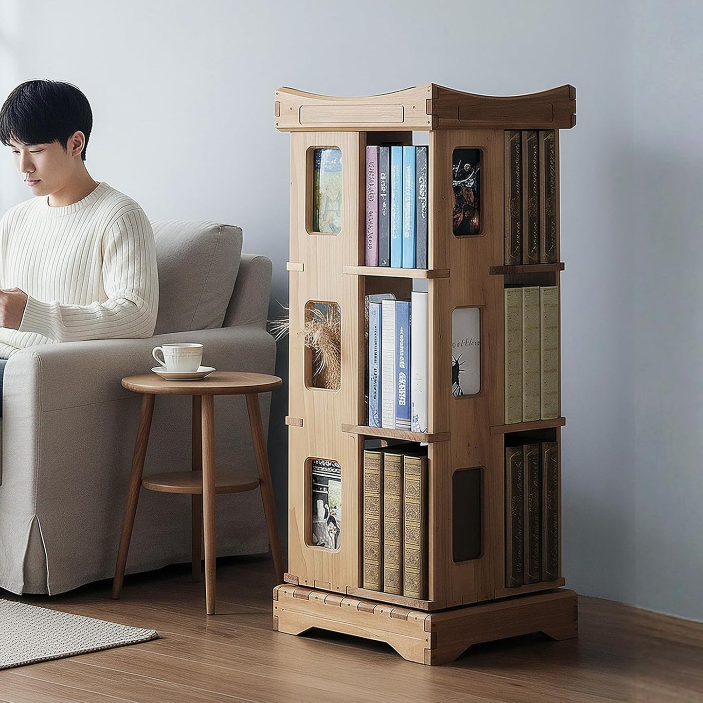Wooden Rotating Bookshelf, Larger Solid Wood Revolving Bookcase,360°Spinning Book Shelf Tower,Floor Standing Storage Rack,Corner Organizer for Small Space,Study,Office,17"x17"x44"(3-Tier)