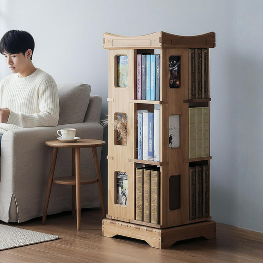 Wooden Rotating Bookshelf, Larger Solid Wood Revolving Bookcase,360°Spinning Book Shelf Tower,Floor Standing Storage Rack,Corner Organizer for Small Space,Study,Office,17"x17"x44"(3-Tier)