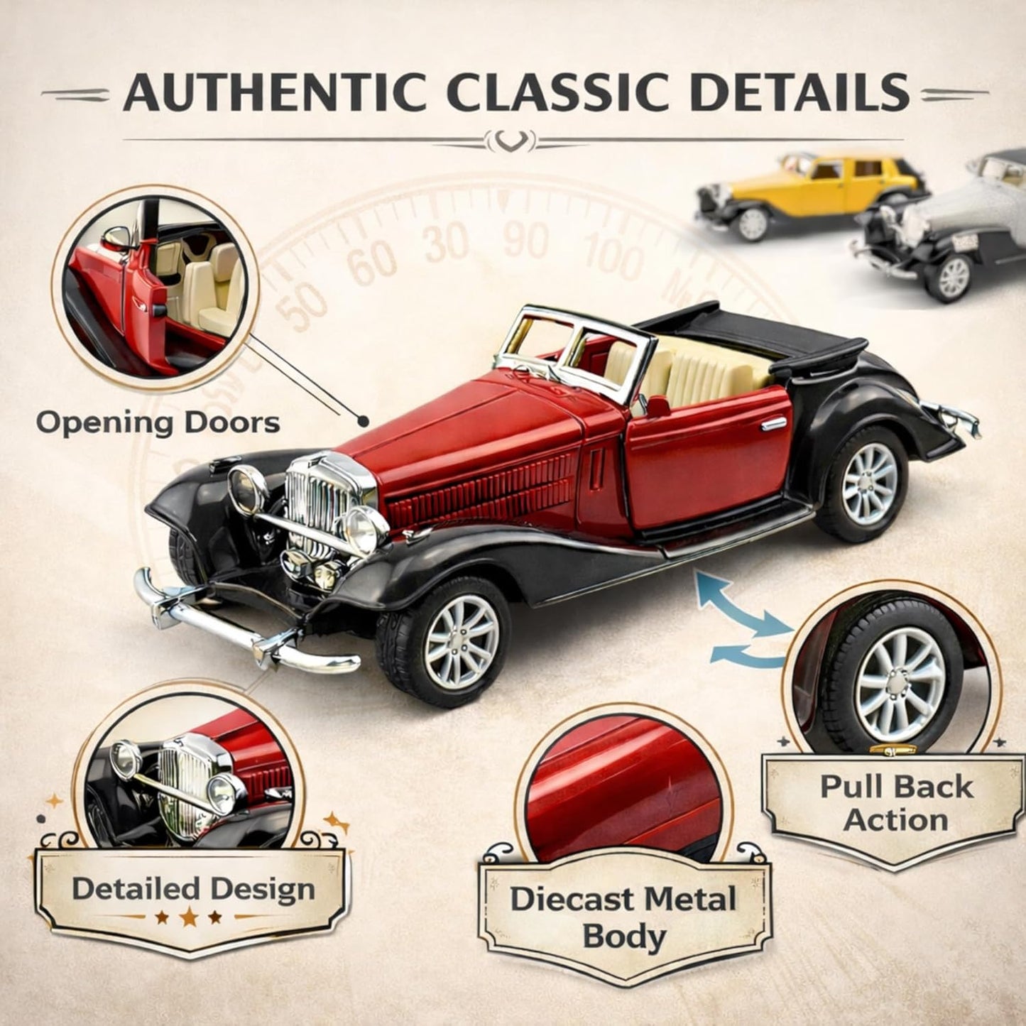 6 Pack - Diecast Cars Antique Classic American Vehicles with Pullback Action and Openable Doors, Collectible Vintage Retro Model Cars Toy for Display and Gifts for Kids (1:32 Scale)
