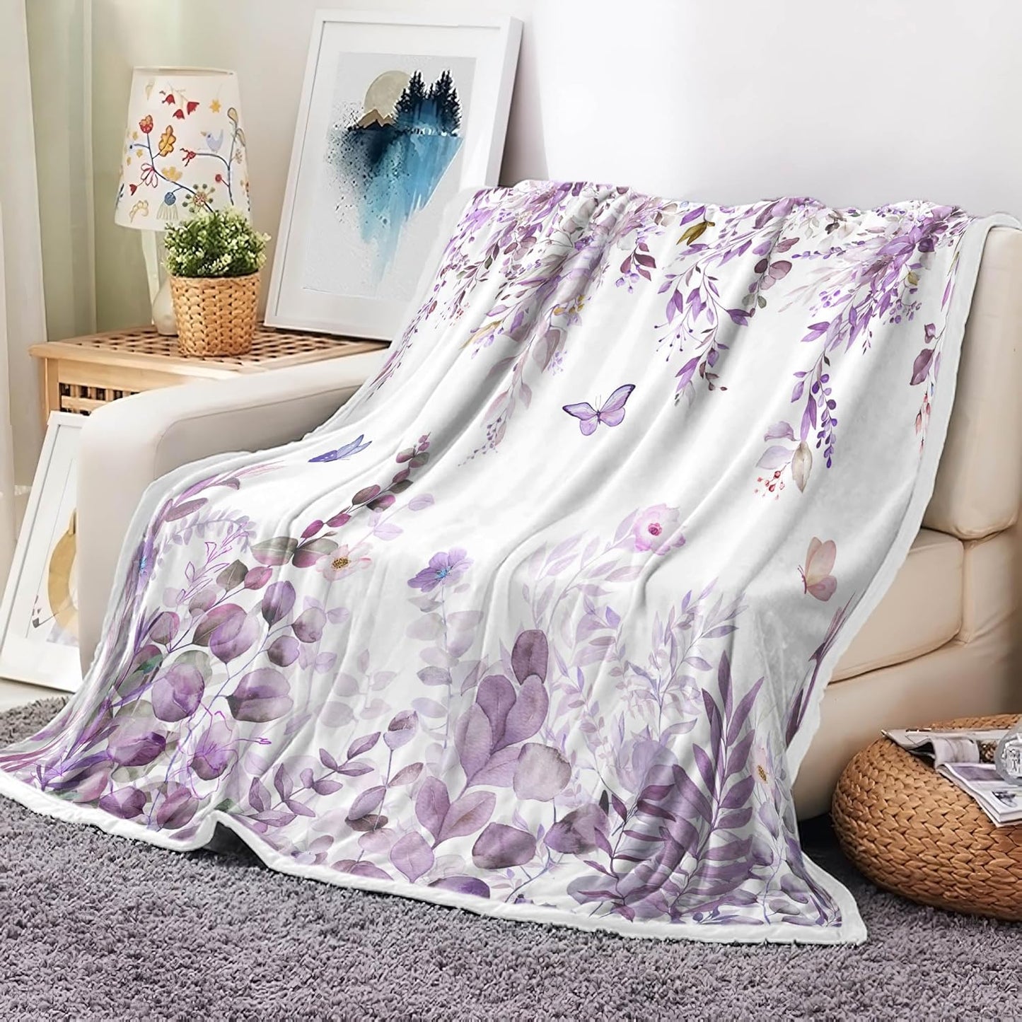 JAWO Purple Throw Blanket, Floral Fleece Blankets, Watercolor Floral Flower Butterfly Travel Bedding Decor, Lightweight and Warm Blanket for Bedroom for Women Girls, 50X60