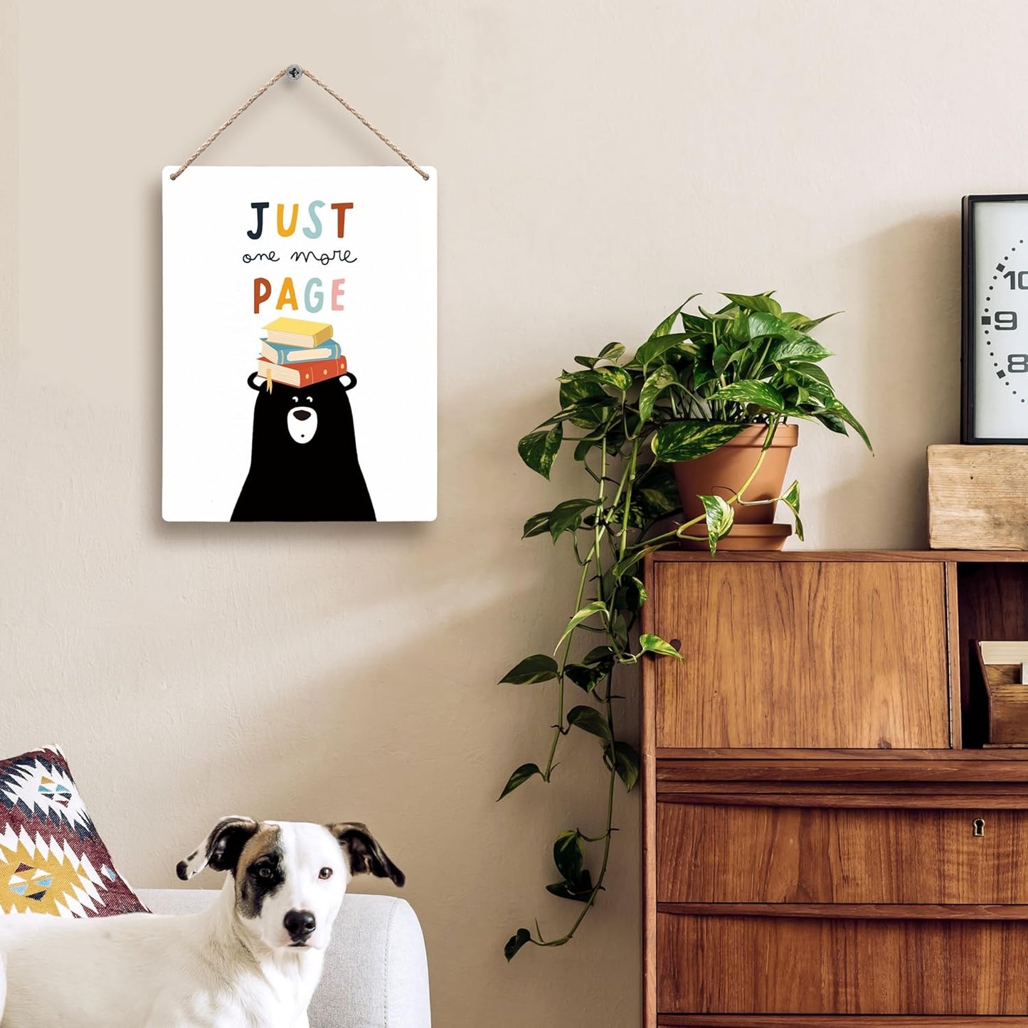 FUGWN Just One More Page Reading Black Bear Hanging Wooden Signs 8x10, Reading Nook Inspirational Classroom Playroom Nursery Wall Decor, Reading Corner Decor Gifts for Book Lovers Kids Girls Boys