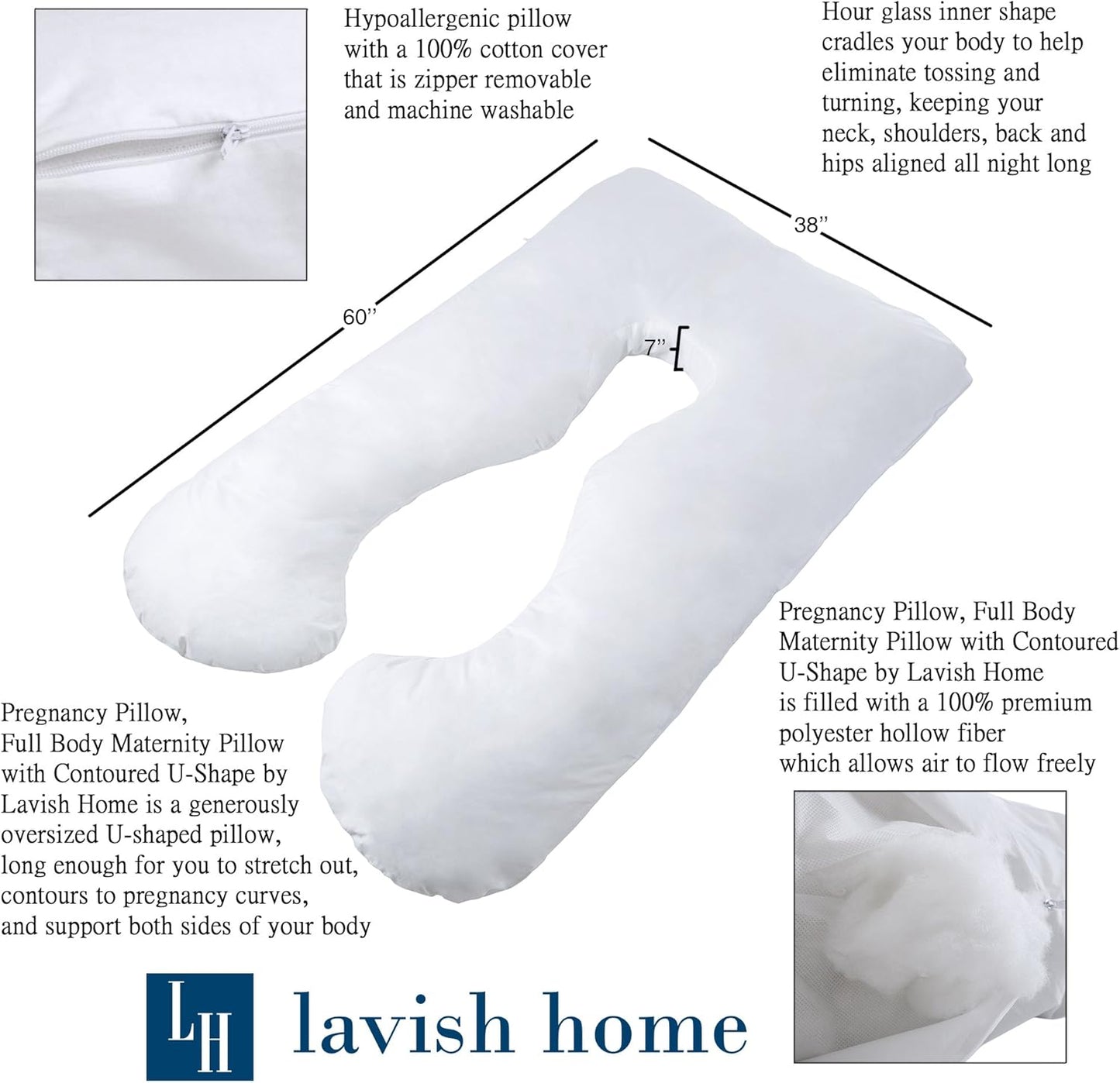 Lavish Home Pregnancy Pillow - U-Shaped Full Body Pillow with Removable Cover - Pregnancy Support for Sleeping - Body Cushions for Adults, Maternity Pad (White)