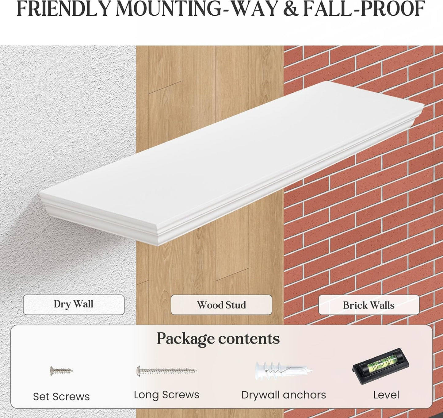 Fun Memories Floating Shelves 32 Inch Long, 9.3 Inch Deep Classic Crown Molding Floating Shelves for Wall, Rustic Wooden Shelves for Wall Decor Bathroom, Kitchen, Office, (White, 2Pack)