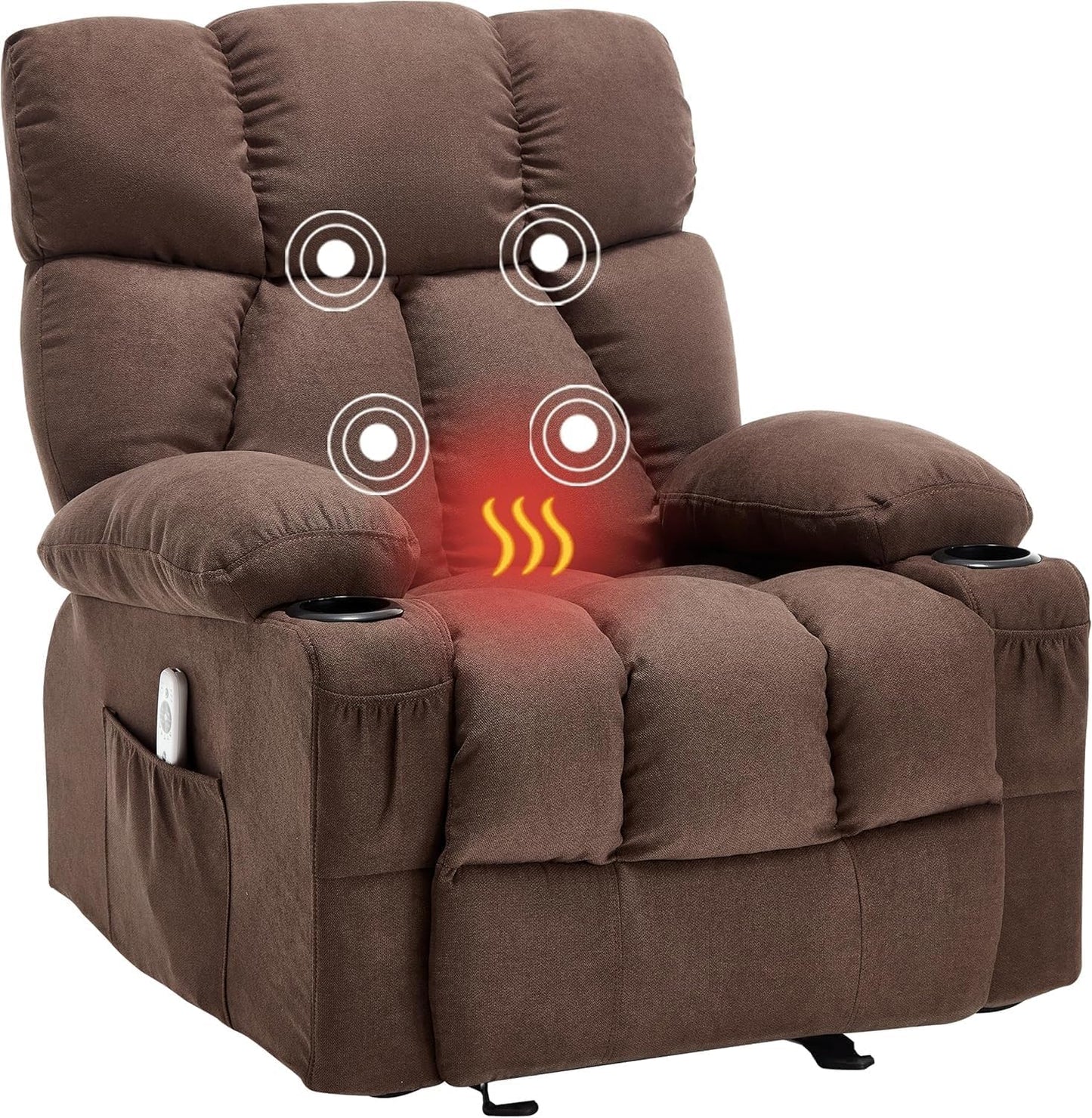 Massage Rocker Recliner Chair with Heat and Vibration Comfy Overstuffed Ergonomic Rocking Lounge Chairs with 4 Side Pockets Cup Holders for Living Room Bedroom(Brown)