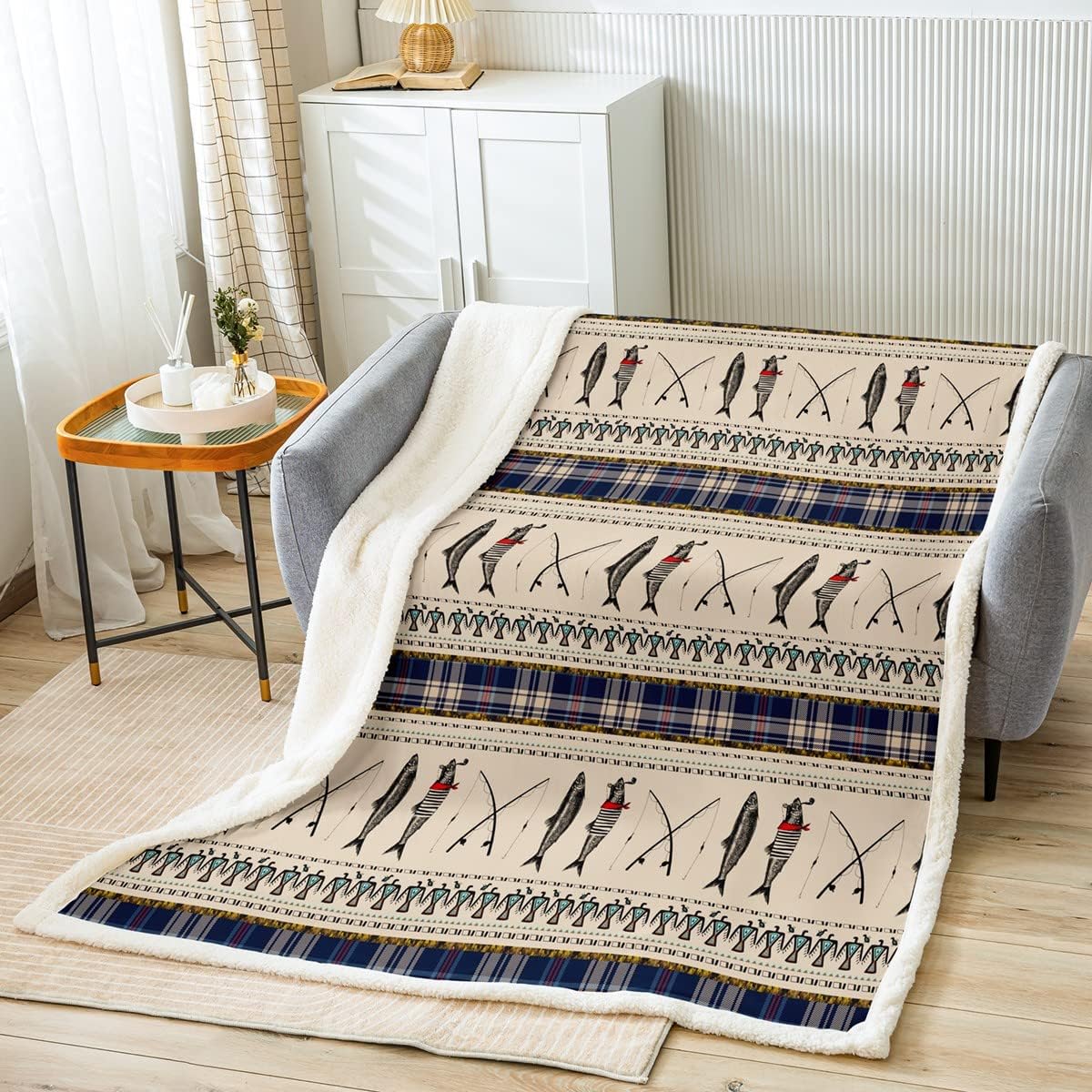 Erosebridal Fishing Themed Throw Blanket,Rustic Farmhouse Fleece Blanket Throw Size for Kids Teens Adult Bedroom,Fishing Rods Fuzzy Blanket Western Country Plaid Sherpa Blanket Decorative Sofa Couch