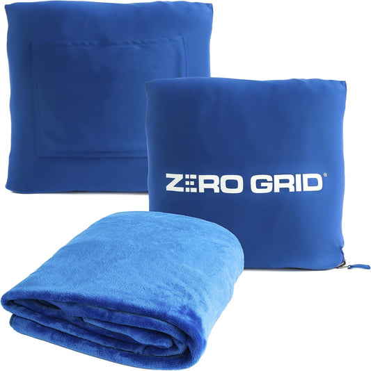 Zero Grid Lightweight Travel Blanket – Premium Compact Wearable Airplane Blanket with Neck Snaps, Cozy Foot Pockets, Zipper Pouch, converts to Soft Pillow for Ultimate Comfort - Royal Blue