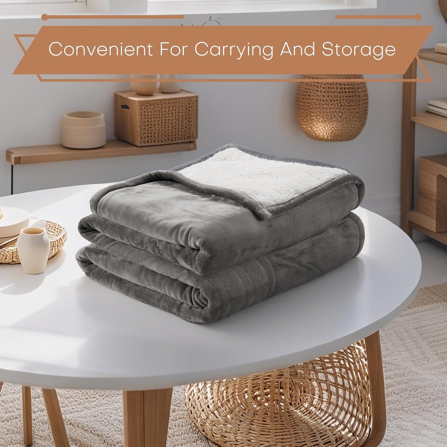 Electric Heated Blanket Throw Size 50"x60" - Flannel & Sherpa Fabric Dual-Sided, Keep Warm All Night, 6 Heat Settings & 1-3 Hours Auto Off, Soft & Cozy, Light Grey