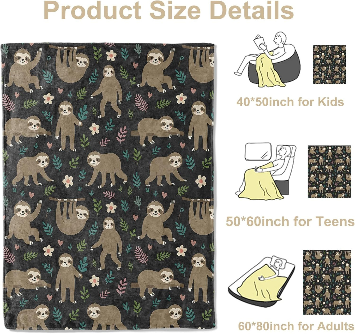 Cute Funny Sloth Throw Blanket, Lightweight Warm Flannel Blanket, Home Decor and Gifts Girls, Soft Cozy Blankets for Women Kids, 50"x60" for Bed Couch Travel