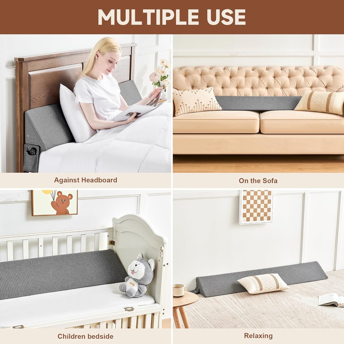 IFNOW Queen Size(60"x6"x10") Bed Wedge Pillow for Headboard, Mattress Gap Filler(0-8"), Bed Wedge for Gap Between Your Headboard and Mattress Dark Grey
