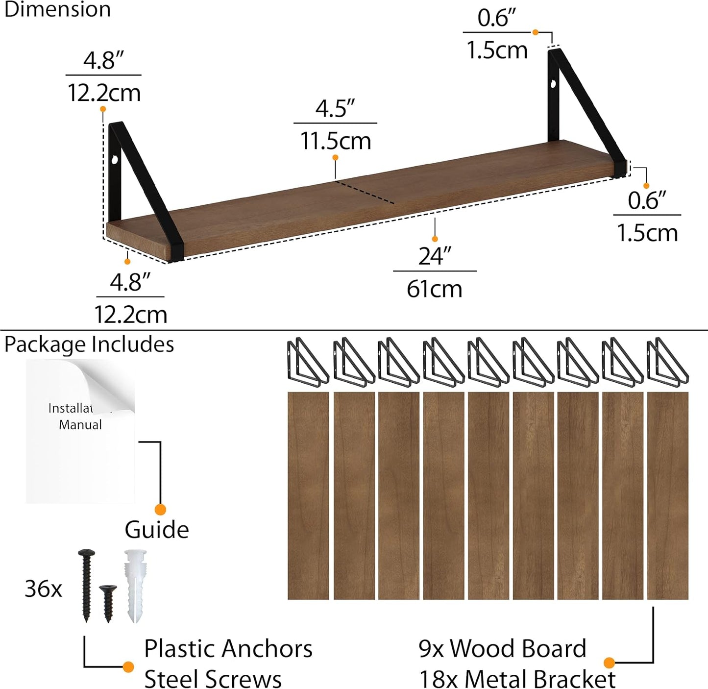 Wallniture Ponza Floating Shelves, Bookshelf for Living Room Decor, Kitchen Organization, Wall Shelves, Dining Room & Office Wall Decor, Walnut 24"x4.5" Set of 9