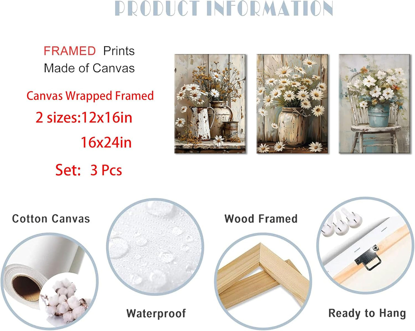 3Pcs Rustic Farmhouse Floral Canvas Wall Art Elegant White Daisy Poster Prints Vintage Country Floral Picture Wood Grain Painting Artwork Pastoral Wall Decor for Bedroom Living Room 16x24in Framed
