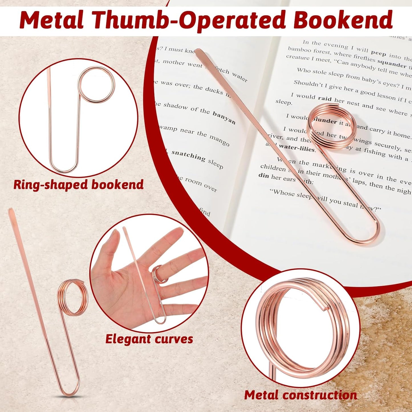 1Pcs Upgrade Book Holder Ring - Metal Thumb Book Page Holder - Lightweight Finger Ring Book Opener - Ergonomic Book Clip Bookmark Perfect Gift for Book Lovers (Rose Gold)