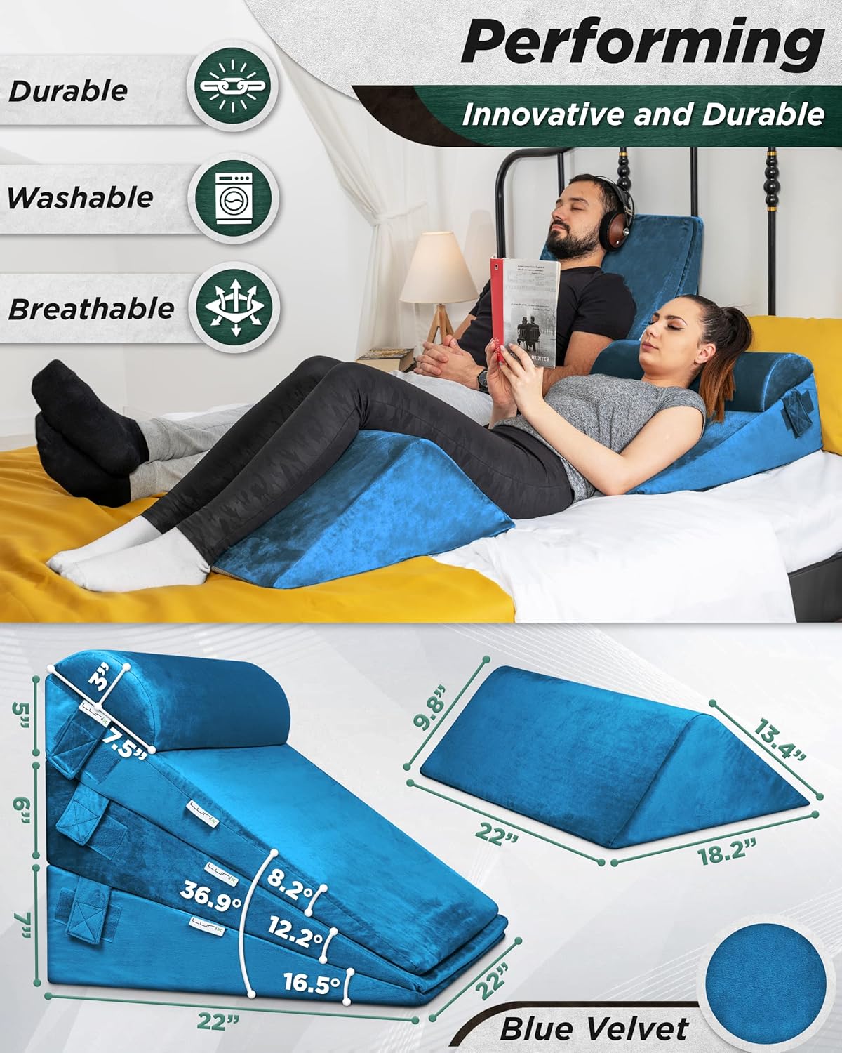 Lunix LX11 5-Piece Support for Abdominal Recovery & Lower Back Rest, Orthopedic Bed Wedge Pillow Set, Zero-Gravity Style Elevation, Memory Foam, Ocean Blue