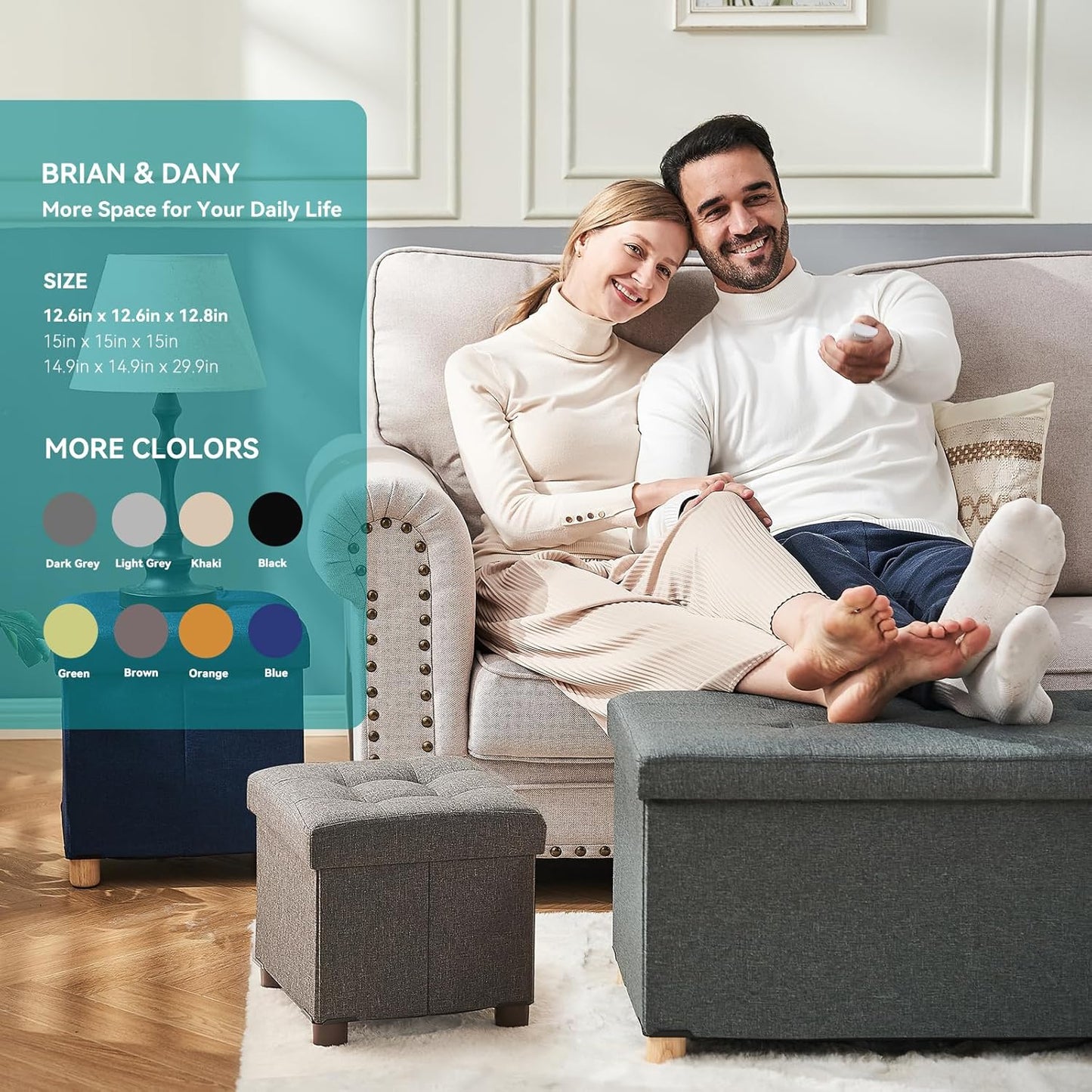 BRIAN & DANY Ottoman with Storage, Small Storage Ottoman for Dorm, Linen Folding Ottoman Foot Stool with Legs for Living Room and Bedroom, 15"x15"x15" - Light Gray