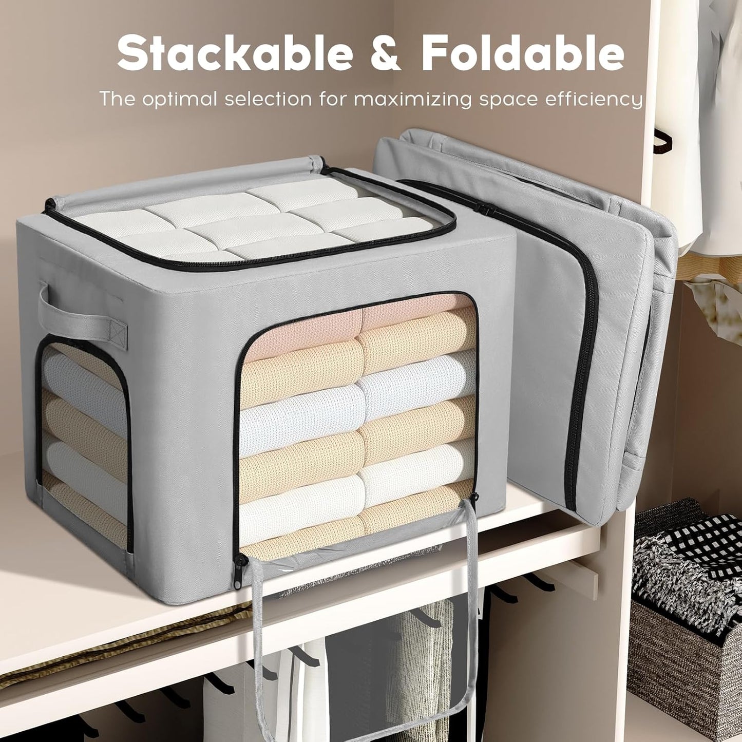 3-Pack Clothes Organizer Bins with Metal Frame, Foldable 40L Linen Storage Boxes with Lids, Clear Windows, Zippers & Durable Handles (Light Gray)