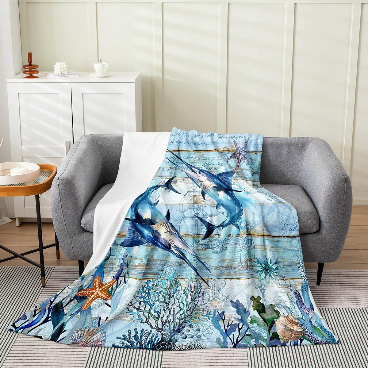 Feelyou Marlin Swordfish Flannel Fleece Throw Blanket Ocean Fish Fuzzy Blanket for Sofa Couch Kids Blue Vintage Barn Door Nautical Fishing and Hunting Plush Blanket Queen 90"x90"