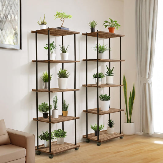 GETALL 5 Tier Bookshelf with Wheels, Tall Bookcase for Small Spaces, Solid Wood Narrow Shelf, Corner Book Shelf Storage Organizer for CDs, Movies, Movable Shelfing Unit for Bedroom, Living Room