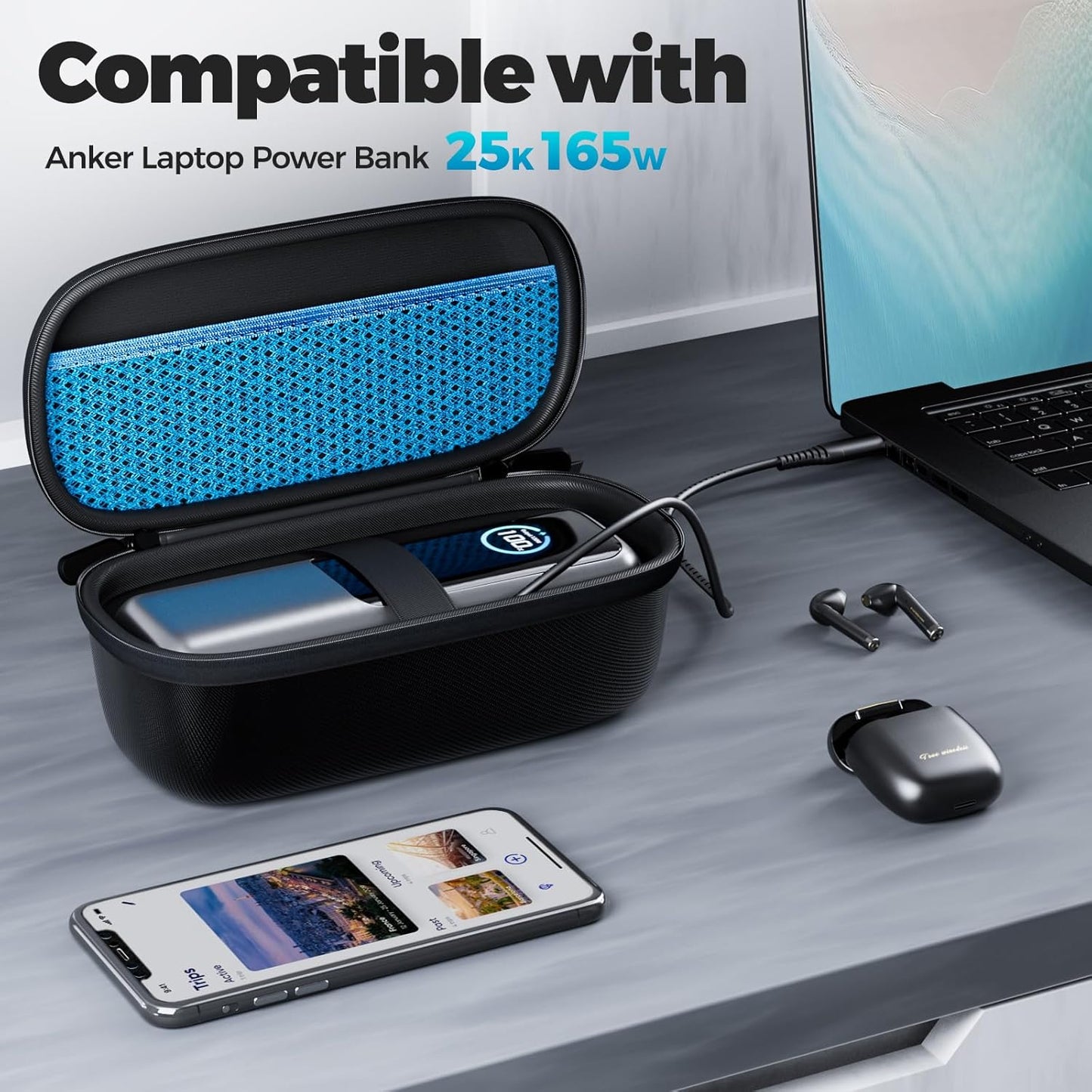 ProCase Hard Carrying Case for Anker Laptop/ 737 Power Bank, 25000mAh 165W Portable Charger Travel Storage Bag, Zippered Organizer Box for Cables Accessories with Mesh Pocket -Black