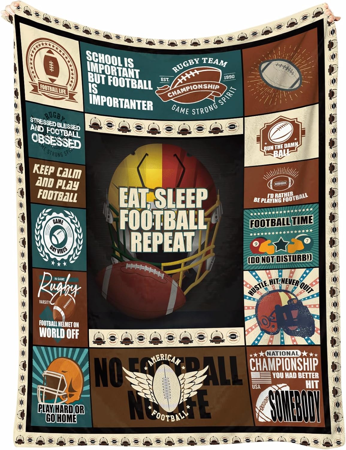 American Football Throw Blanket 50x60, Soft Flannel Fleece, Retro Helmet Collage, Game Day Stadium Couch Bed Sofa, Lightweight Warm, Machine Washable Sports Gift for Fans Adults Teens