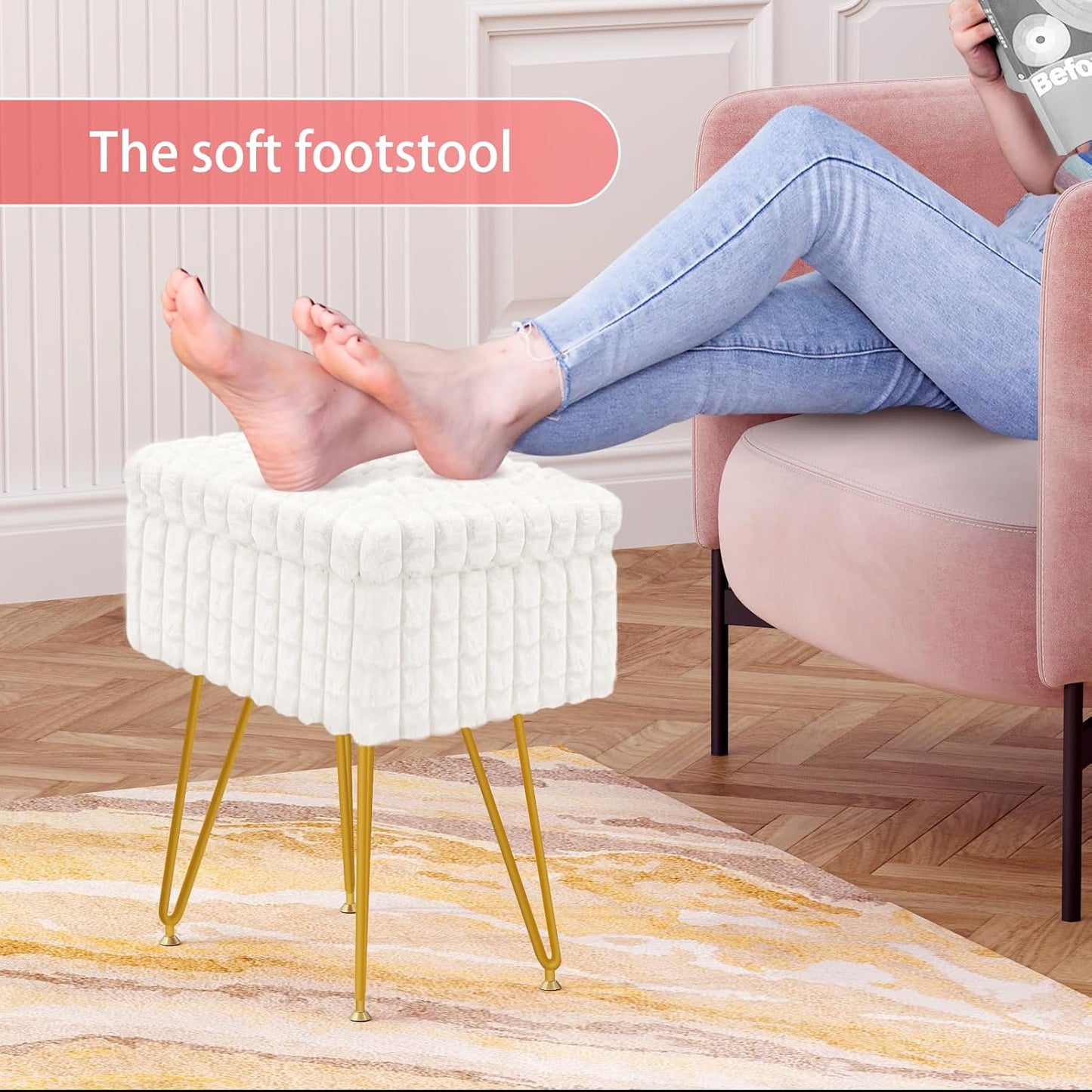 Rectangle Vanity Chair with Storage, Faux Fur Vanity Stool with Anti-Slip Adjustable Feet, Fur Footstool Ottoman for Makeup, Bedroom, Square Grid Pattern, White