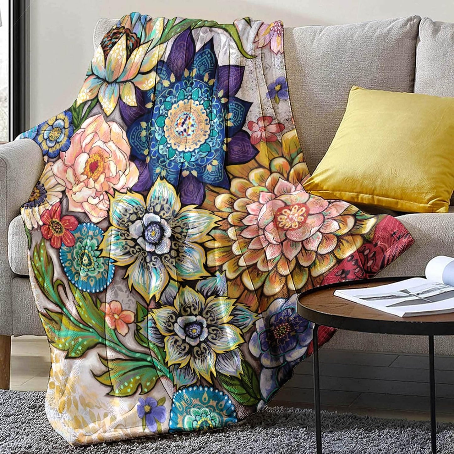 Neasow Floral Fleece Throw Blanket, Vibrant Color Boho Flowers Blossom Cozy Decor Throws for Sofa Bed Couch Chair or Dorm 50×60 inch