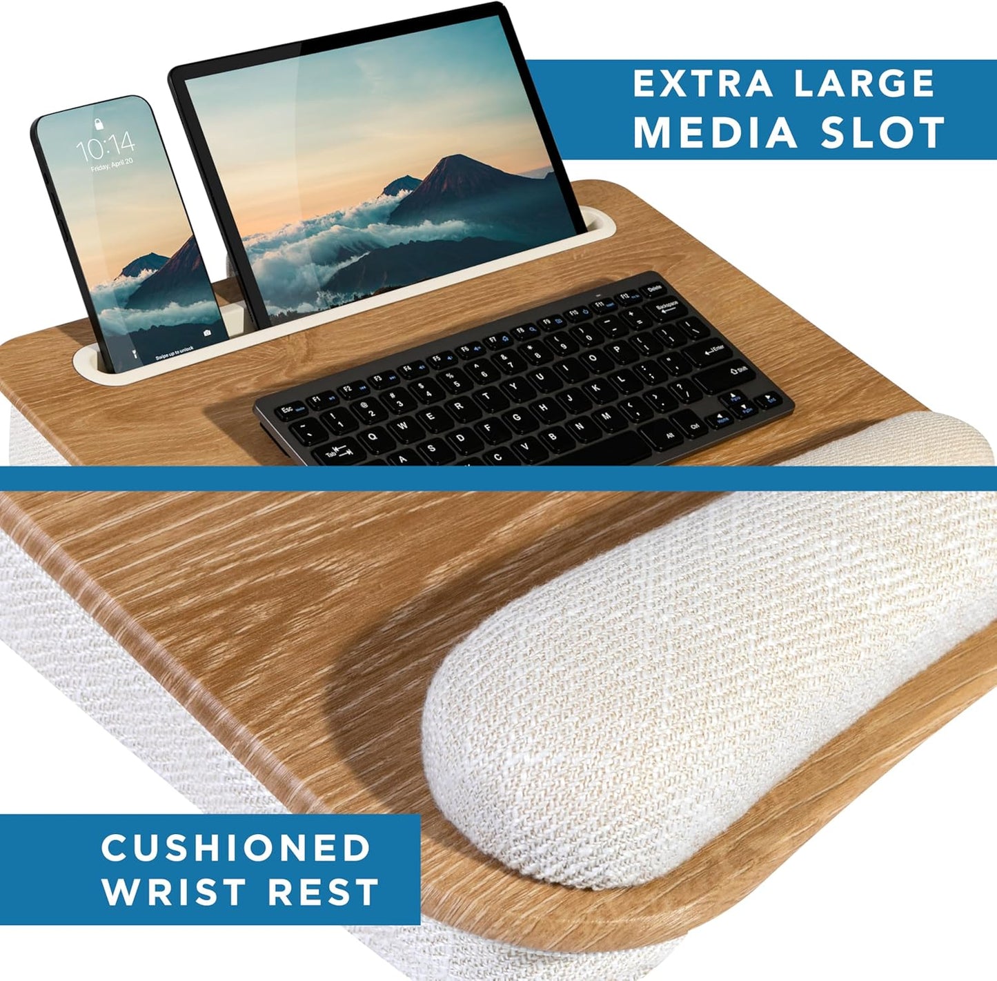 LAPGEAR Portable Laptop Lap Desk with Pillow Cushion, Anti-Slip Strip, Tablet or Phone Storage Slot, Pen and Pencil Pocket, and Wrist Rest - White Oak Woodgrain - Fits 15.6" Laptops - Style No. 91349