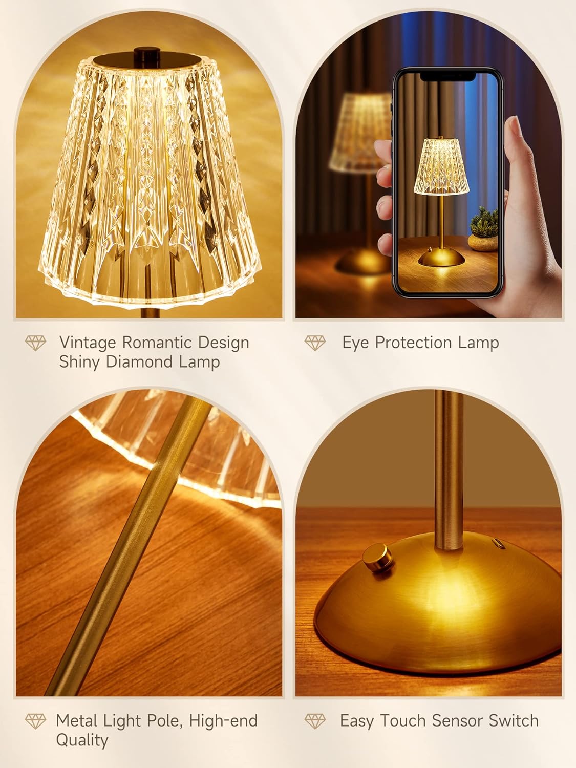 One Fire Nightstand Lamps Set of 2, Dimmable Crystal Table Lamp 3 Colors Gold Lamp,Touch Lamp Bedroom Lamps, Rechargeable Small Lamp, Bedside Lamps Set of 2 for Bedroom Living Room Bathroom Hotel Bar