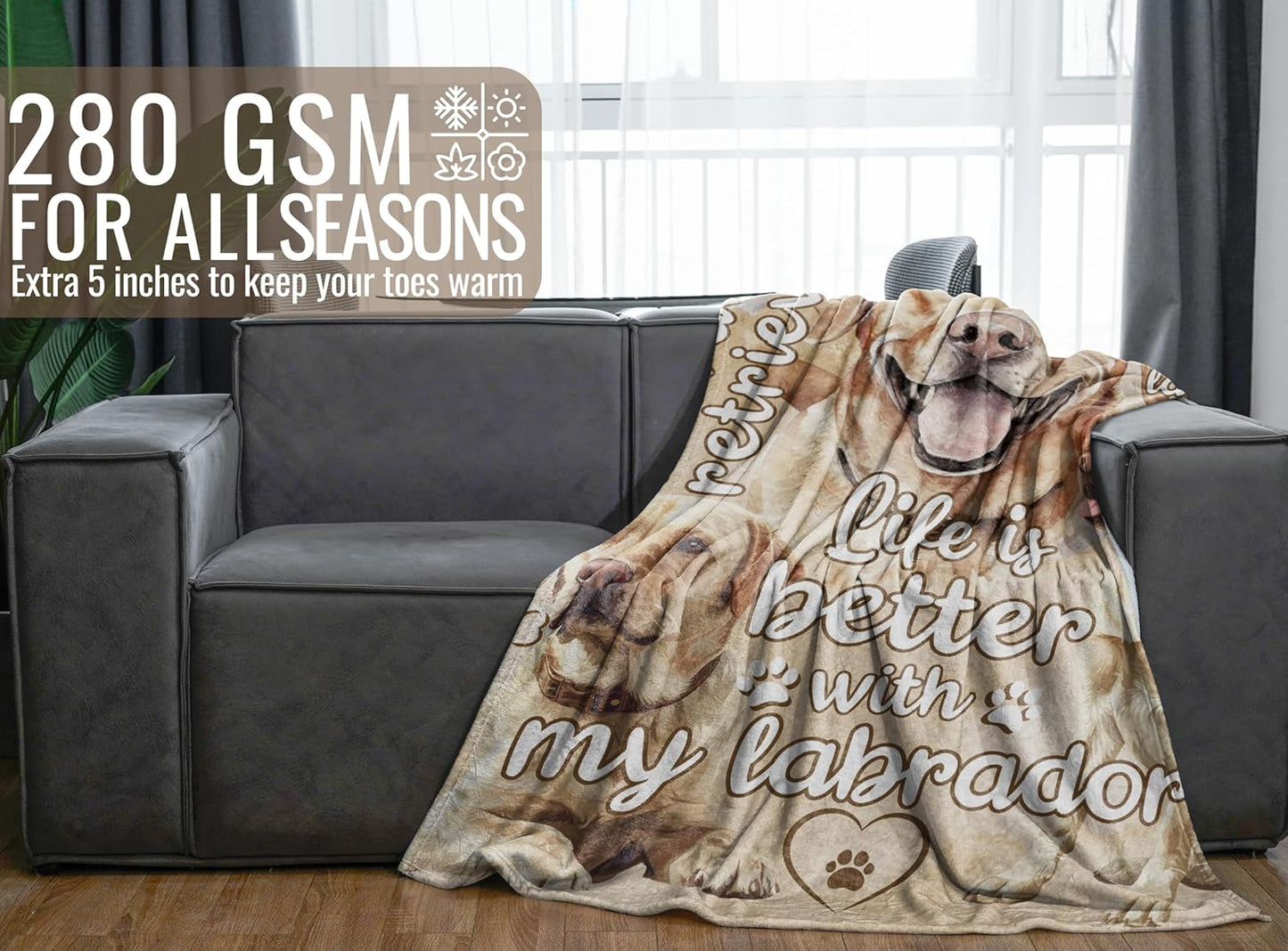 Labrador Retriever Blanket Gifts for Dog Lover & Owner, Labrador Gifts for Women & Men, Dog Mom & Dad, Soft Flannel Blanket, White Labrador, 65x 50 inches