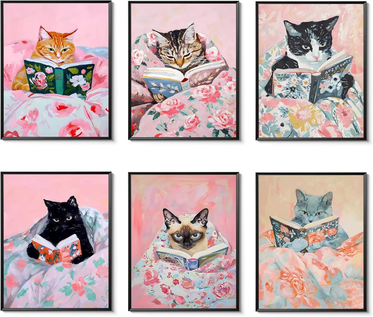 Cute Cat Reading Poster Set of 6 Funny Black Cat Book Lover Canvas Wall Art, Whimsical Animal Wall Decor Painting Prints Aesthetic for Nursery Kids Boby Room Bedroom Unframed 8x10 inch