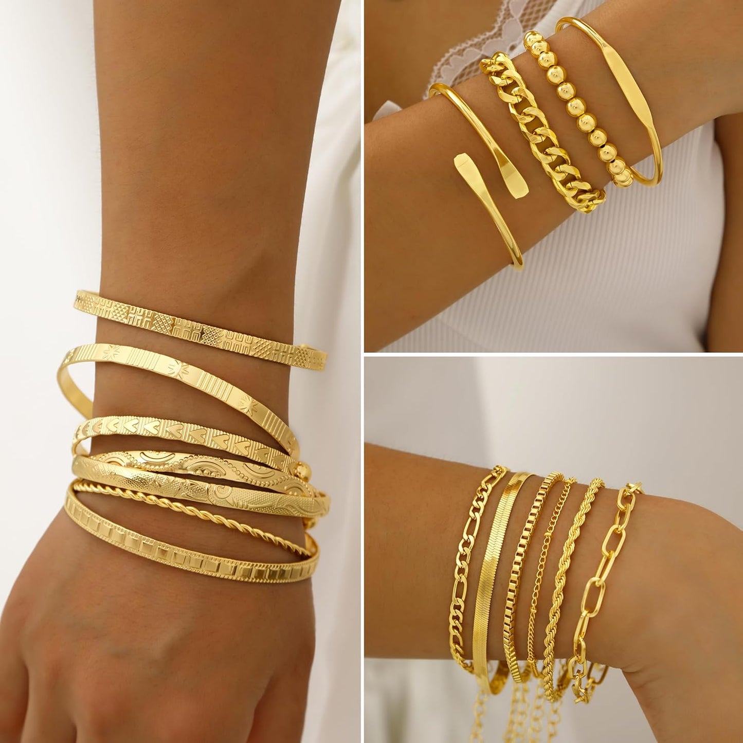 FAXHION 68 Pcs Gold Jewelry Set for Women with 7 Necklace, 17 Bracelet, 5 Hoop Earrings, 15 Stud Earrings, 24 Knuckle Rings for Women Jewelry Set for Women