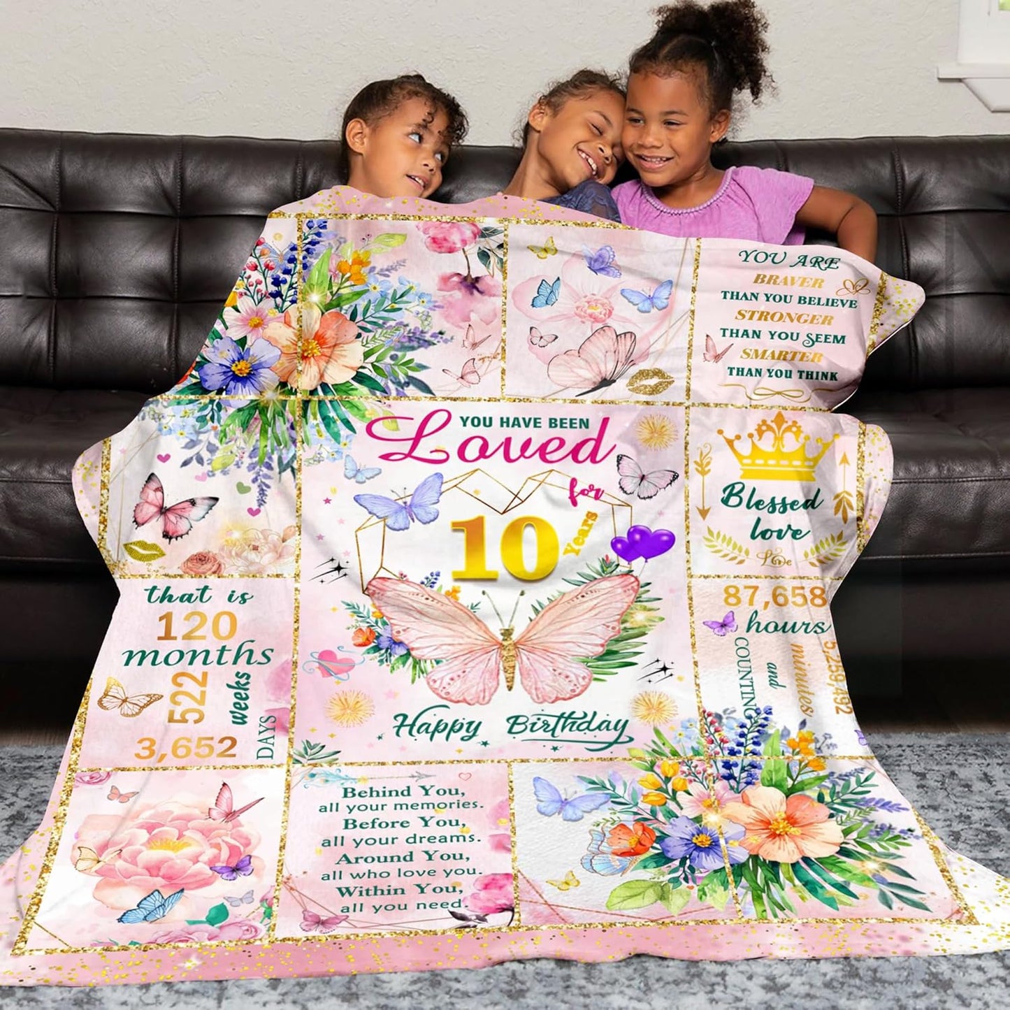 10th Birthday Gifts for Girls, Birthday Gift for 10 Year Old Girl, Super Soft Unique Funny Pink Butterfly Flower Blanket for Girls, Gifts for 10 Year Old Girl, Warm Cozy Plush Fuzzy Blanket 50"x40"