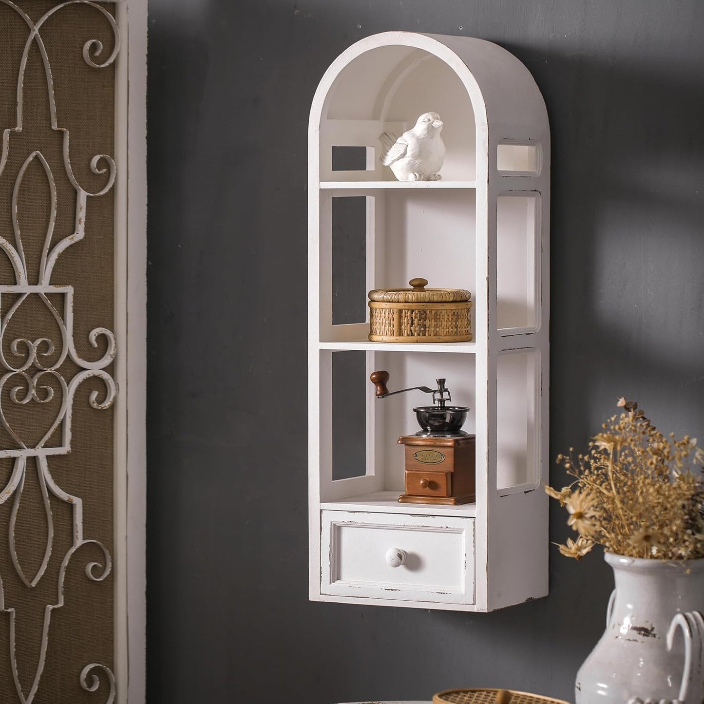 SOFE 3 Shelf White Wall Storage Cabinet with Drawer, 31" Tall Narrow Bathroom Cabinet Wall Mounted, Wood Display Cabinet, Arched Bookshelf, Modern Farmhouse Hanging Cabinets Storage