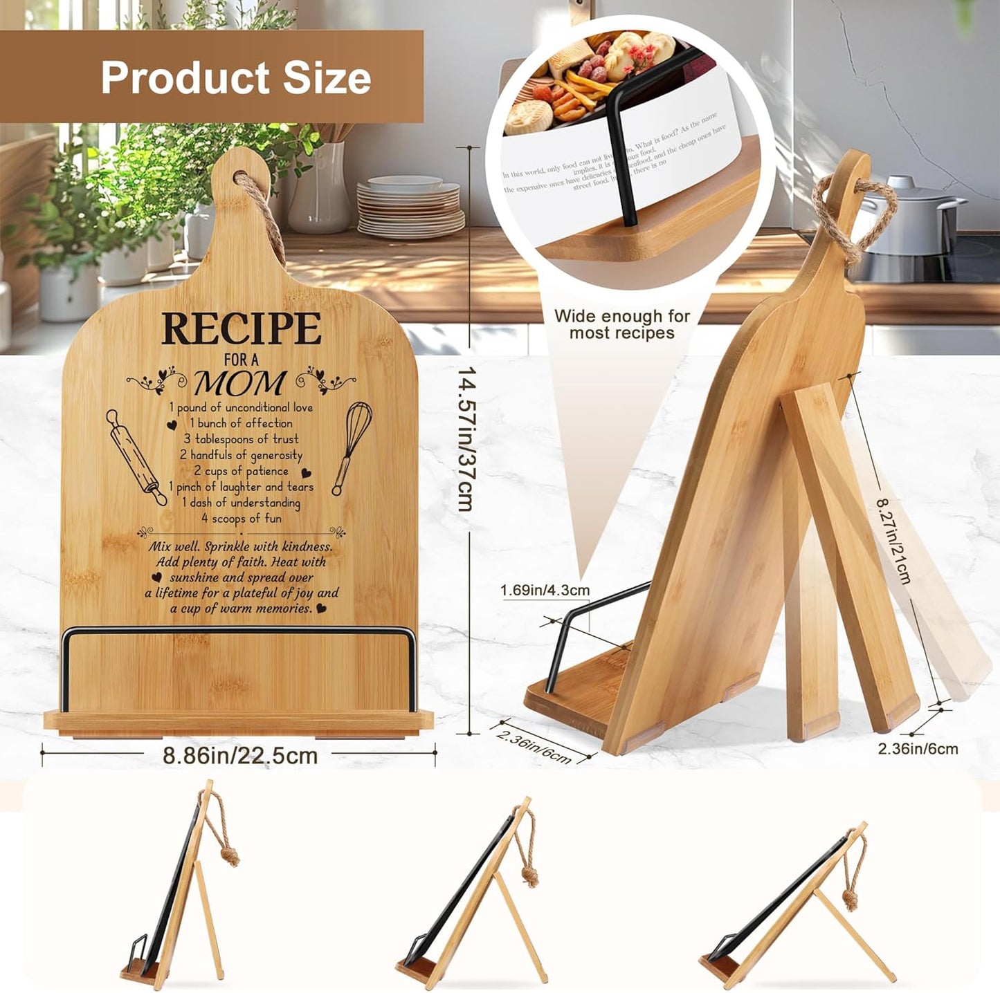 Mom Gifts Kitchen Gifts for Women Retirement Gifts Cookbook Stand Bamboo Recipe Book Holder Adjustable Non-Slip Cook Book Stand for Kitchen Counter