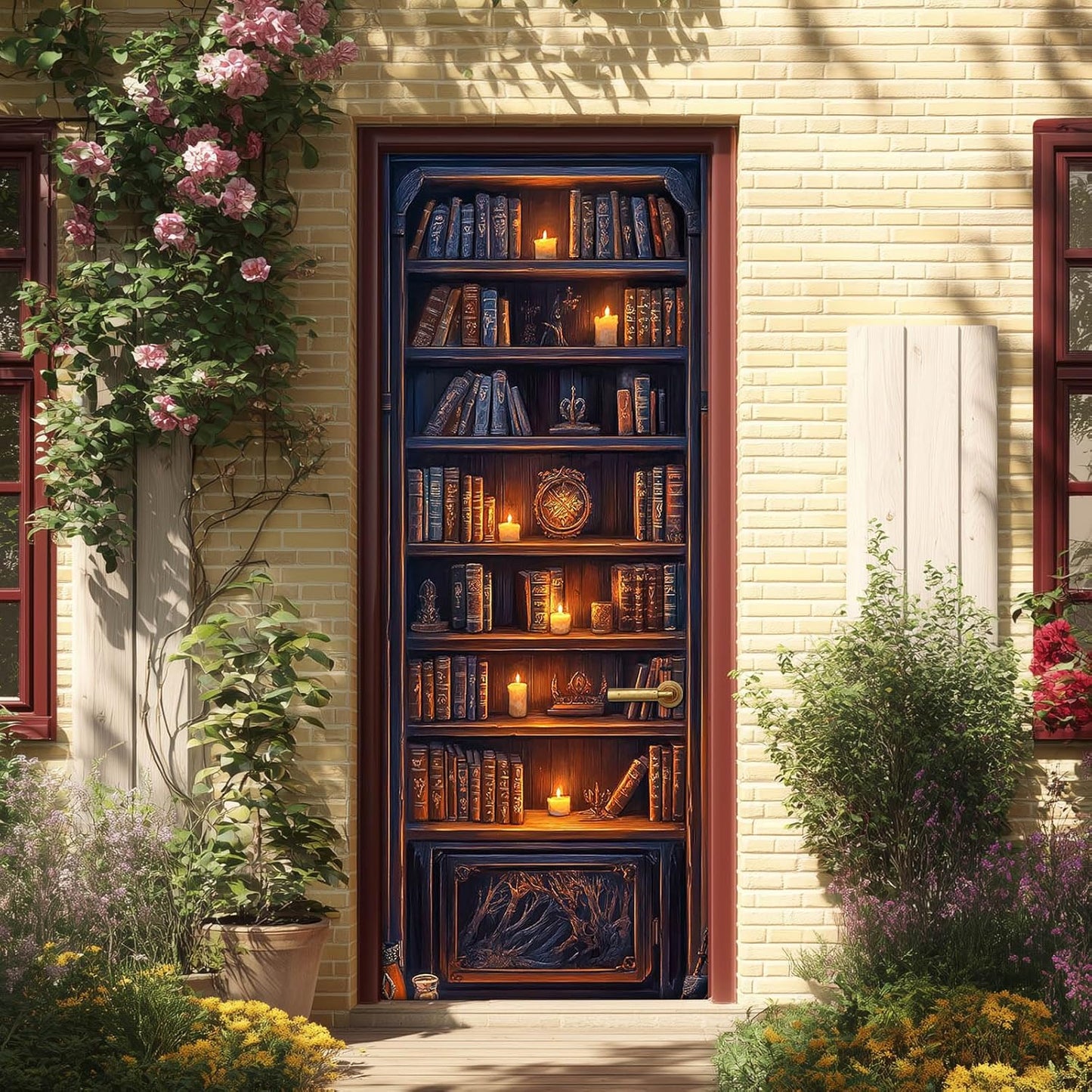 Dark Wood Bookshelf Door Sticker Vintage Library Bookcase Mural Self Adhesive PVC Removable Door Decal for Home Office Bedroom Decoration 30.3 x 78.7 in