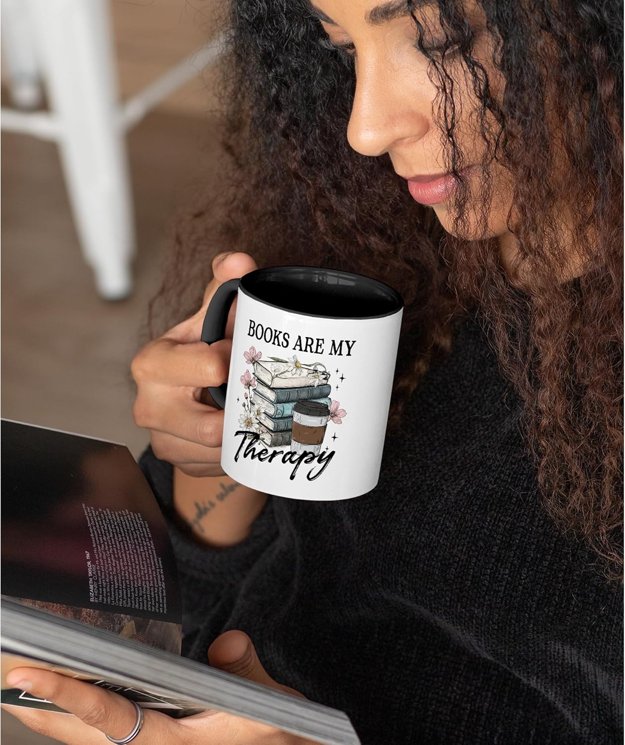 Book Lover Gifts - Books Are My Therapy Mugs with Black Handle, Bookish Coffee Mug with Stacked Book Design, Birthday, Christmas Gifts for Books Lovers Women, Bookworm Mugs for Readers