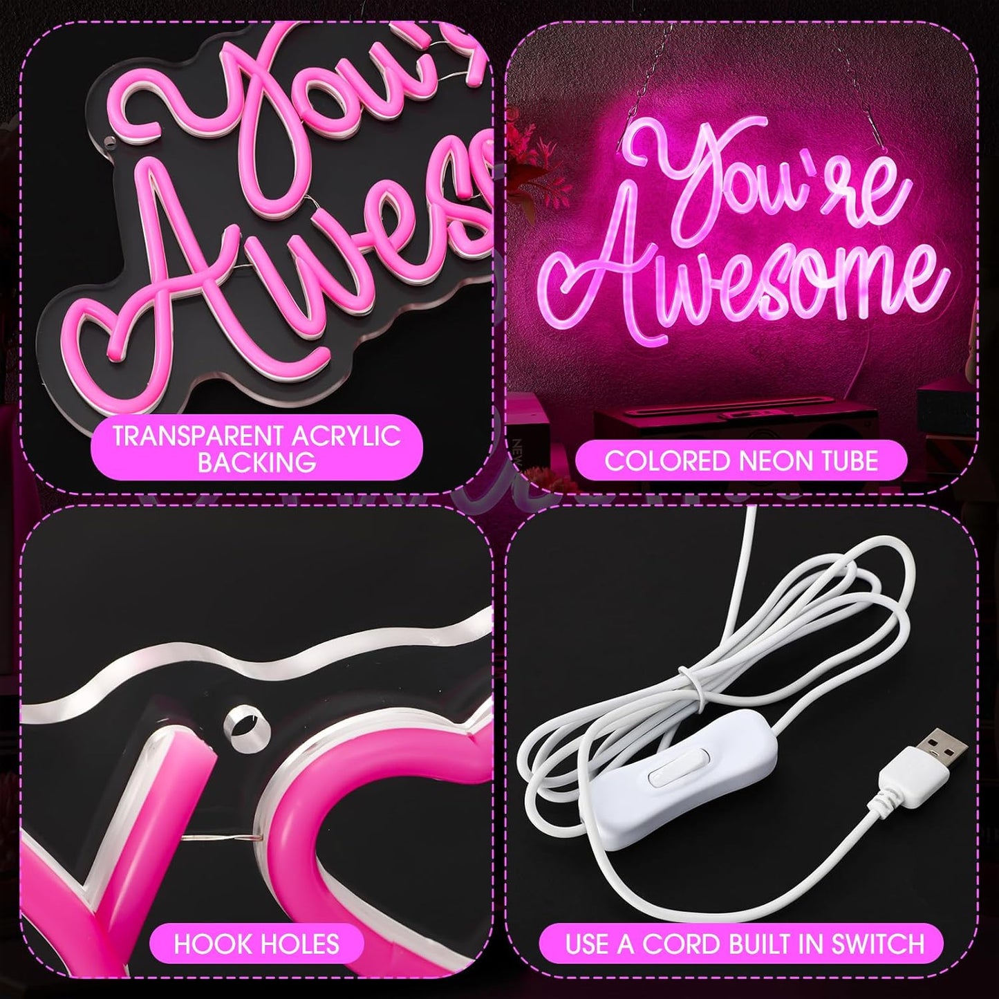You Are Awesome Neon Signs Dimmable Inspirational LED Neon Lights for Wall Decor Pink USB Positive Quotes Light up Sign for Bedroom Wedding Birthday Classroom Home Office Bar Hanging Decor